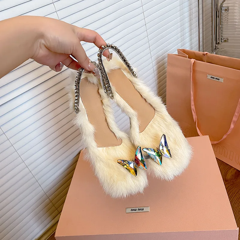 

Rhinestone Thick High Heel Flip Flops Square Toe Bow Sandals Shiny Plush Plus Size Slippers Women Crystal Heel Women Shoes