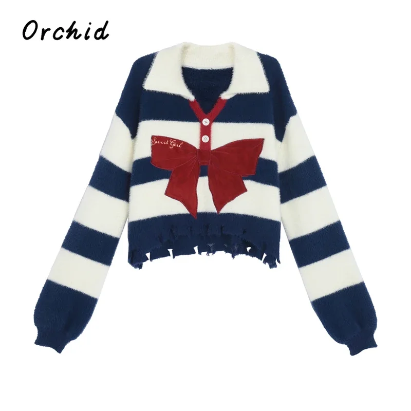 

2023 Autumn Winter Sweet Striped Knitted Pullovers Women Imitation Mink Hair Bow Embroidery Sweater Fashion Knitwear Top