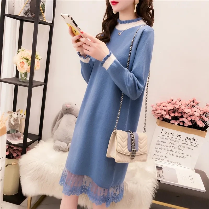 

New Autumn Winter Pullover Sweater Knitted Dresses Women Lace Patchwork Long Sleeve Solid Bottoming Dress Elegant Knit Midi Robe