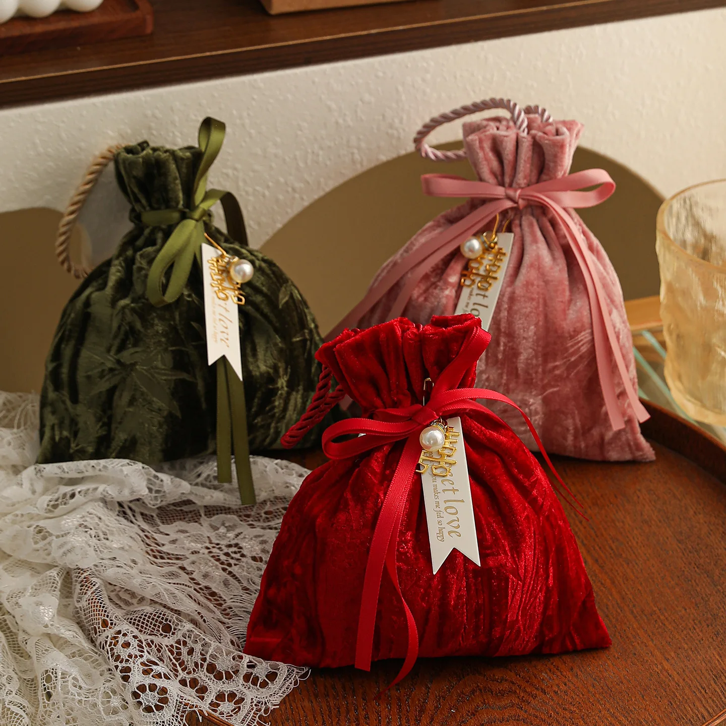 Velvet Wedding Candy Bag Gift Bag Portable Drawstring Ribbon Bow Bag High Quality Wedding Party Candy Pouch Jewelry Bag
