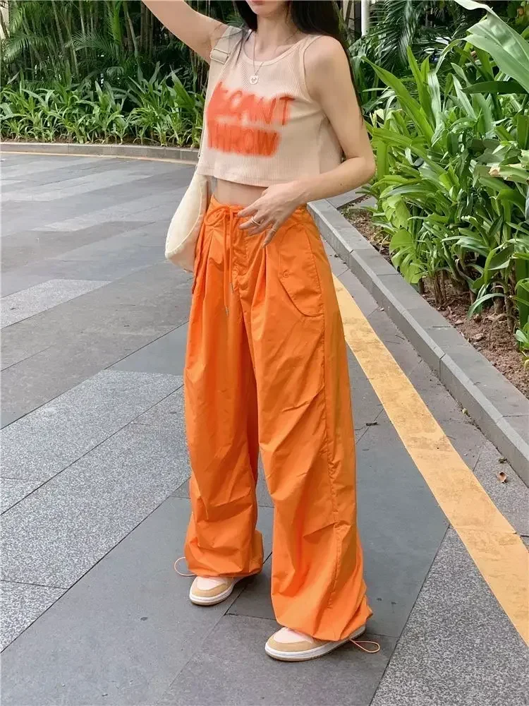 パンツ tightbooth 21ss baggy slacks orange Womens Orange Cargo Pants Jeans Harajuku Vintage Low Rise