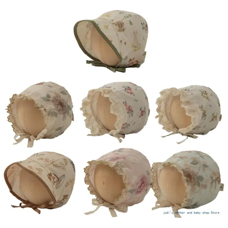 

67JC Детская кружевная шапка для маленьких девочек, хлопковая шапочка с капюшоном, весенняя шляпа на шнуровке, детские шляпы для