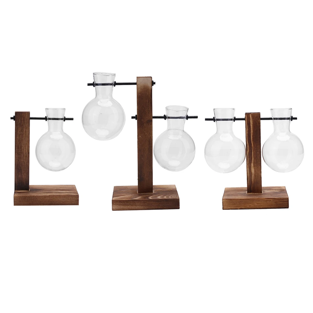 Plant Terrarium with Wooden Stand Bonsai Flower Pot Bulb Glass Hydroponic Plant Vase for Indoor Office Desk Decor Accessories 2