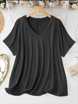 New Plus Size European and American Women's Casual V-neck Solid Color T-shirt 1