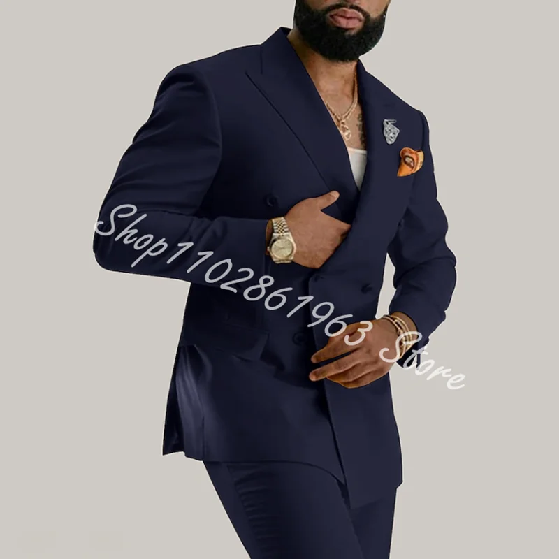 New Fashion Men Suits Peak Lapel Double Breasted 2 Pieces Best Men Groom Wedding Party Tuxedos Blazer Pants Trajes De Hombre 2