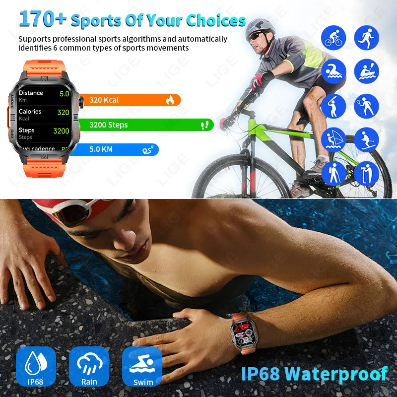 LIGE NEW GPS Smart Watch Men 2.01" HD Display Built-in Compass Flashlight Voice Call Heart Rate Sports Smartwatch 540mAh Battery