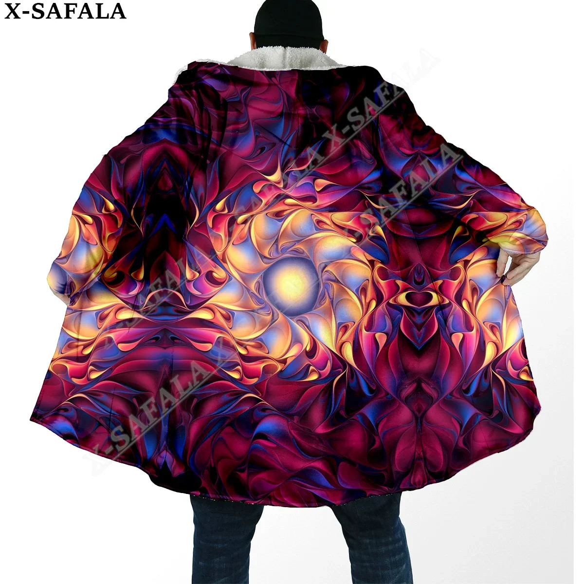 

Hippie Psychedelic Colorful Trippy 3D Print Dream Cloak Thick Warm Hooded Men Overcoat Coat Windproof Fleece Cape Robe Blanket-5