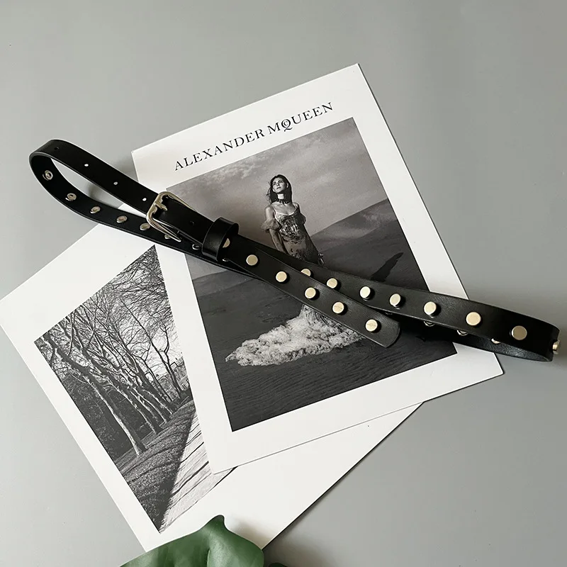 

women's punk style metal buckle rivet black belt for women senior leisure single row hole thin female belt fashion