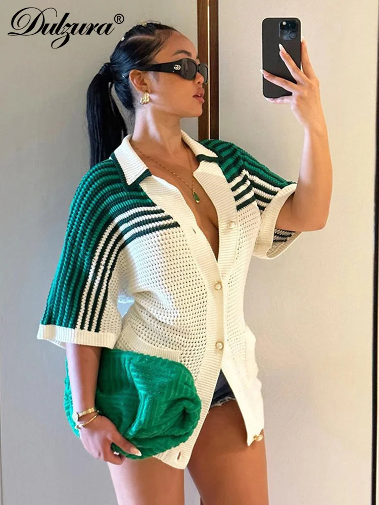 

Dulzura Knitted Short Sleeve Green Stripe Cardigan For Women Autumn Winter Turn Down Collar Crochet Blouse Shirts Y2K Tops