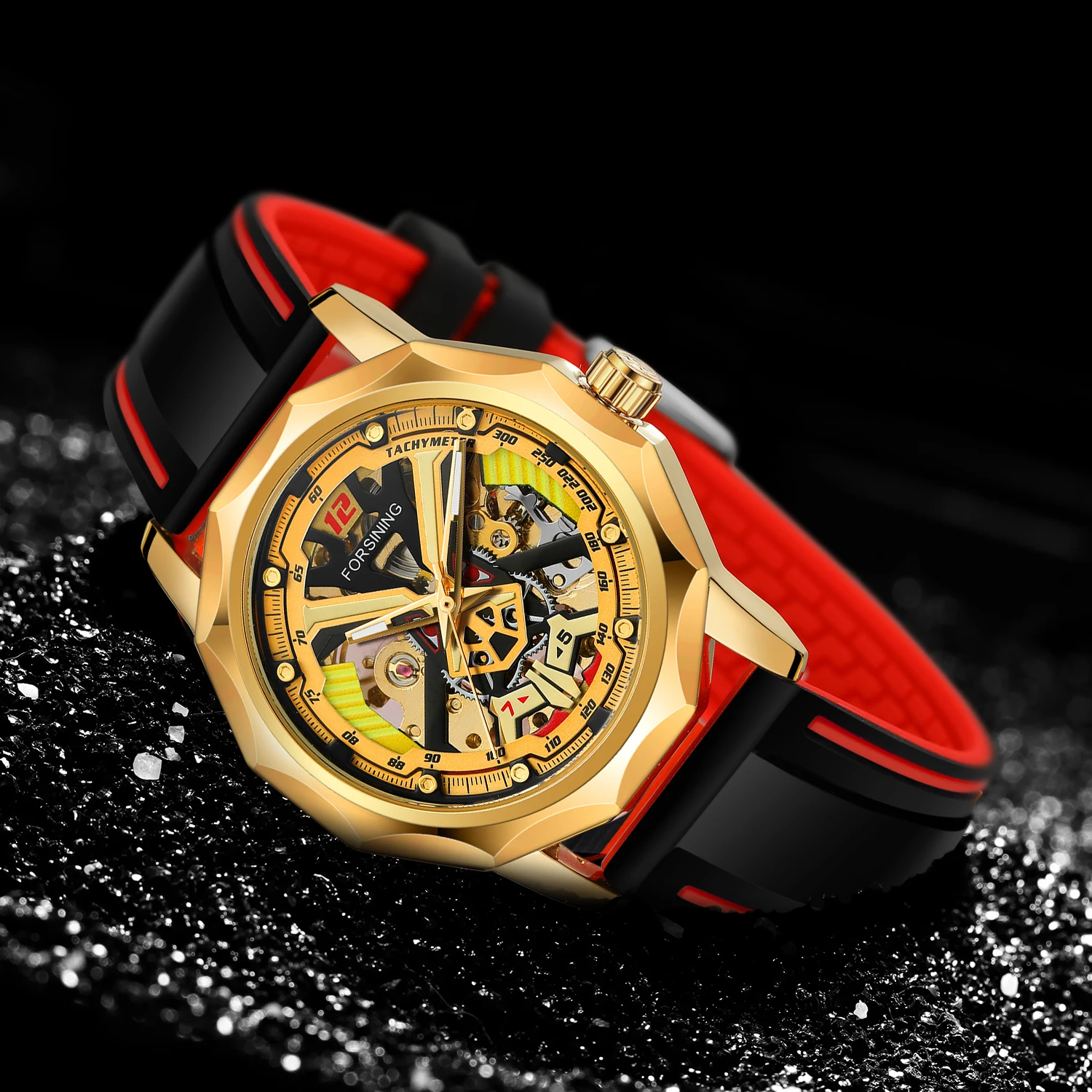 Designer Luxury Brands FORSINING Original Man Watches Steel Skeleton Mechanical Clock Waterproof Rubber Strap Fashion Thin Male