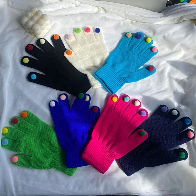 

2022 Autumn And Winter New Gloves Fashion Colours Pom Pom Five Fingers Gloves Youth Women Keep Warm Knitting Thick Mittens T196