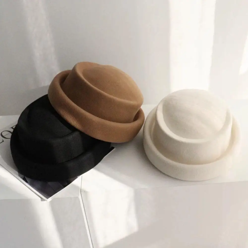 Japanese Retro White Black Camel Brown 100% Wool Beret Women's Autumn Winter French Elegant Rolled Edge Small Hat Fedora Hat