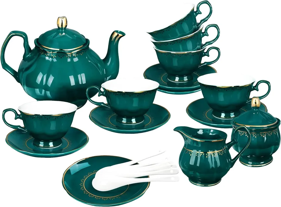 Vintage Green Porcelain Tea Set with Gold Trim