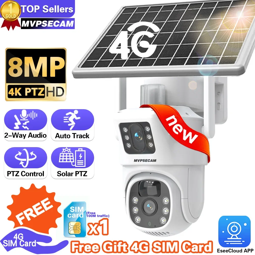 4K 8Mp 4G Sim Card Batteria Fotocamera Pir Motion Cam Auto Tracking Audio A 2 Vie Telecamere Di Sicurezza Per Esterni Con Pannello Solare Sim Ca Gratu