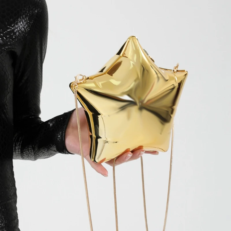 Five-Pointed Star Dinner Bag 2024 New Glossy Shoulder Bag Niche Design Gold and Silver Chain Women's Fun Party Bag