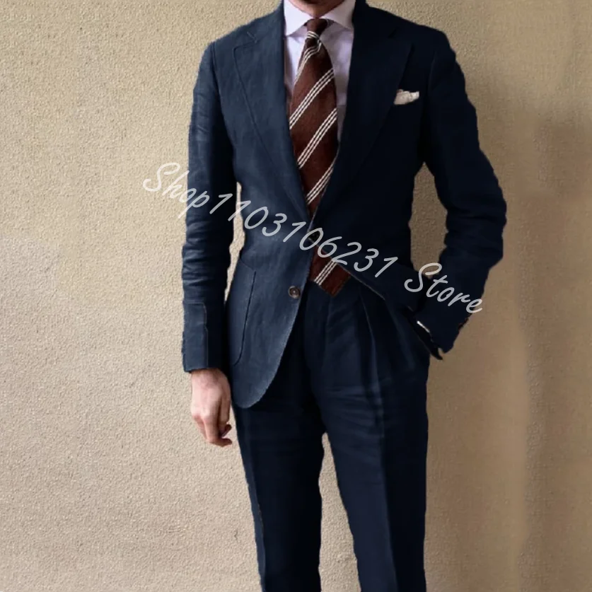White Linen Men Suits 2-piece Elegant Groom Wedding Tuxedos Jacket Pants Customized Formal Suits Blazer Trajes De Hombre