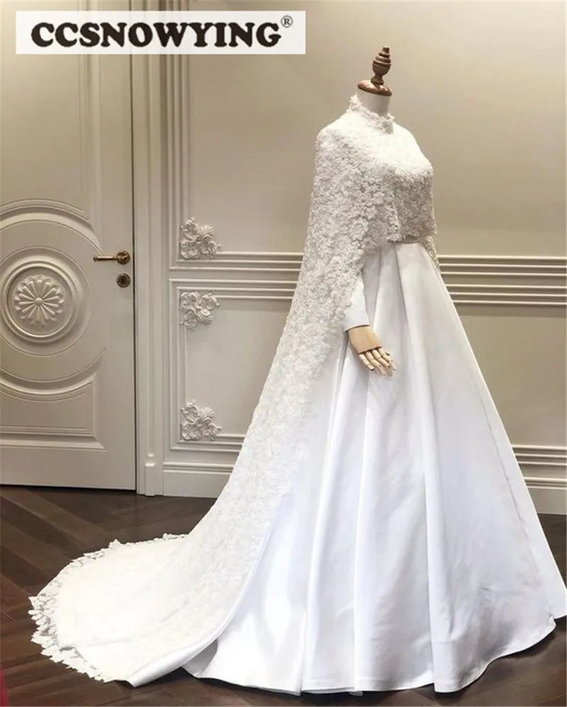 

White Satin Lace Muslim Wedding Dress with Cape Long Sleeve Arabic Dubai Hijab Bride Gown High Neck Vestidos De Novia