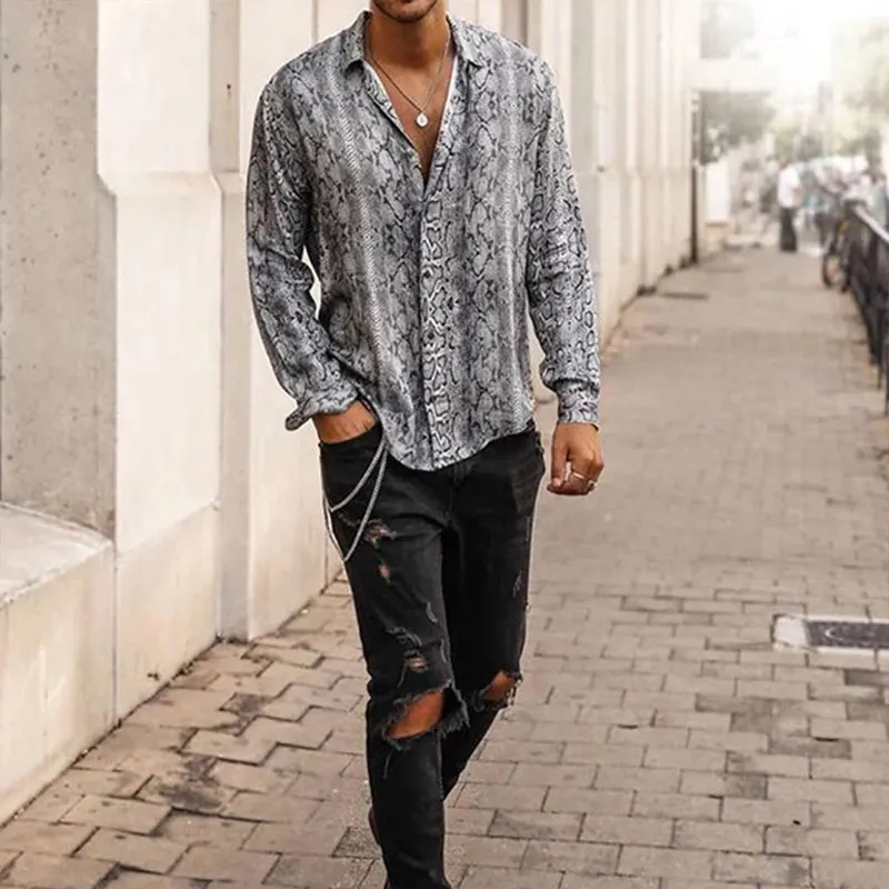 

Men's Lapel Snake Print Button Shirt Autumn Fashion High Quality Digital Printed Men's Clothing Long Sleeve Shirt 2021