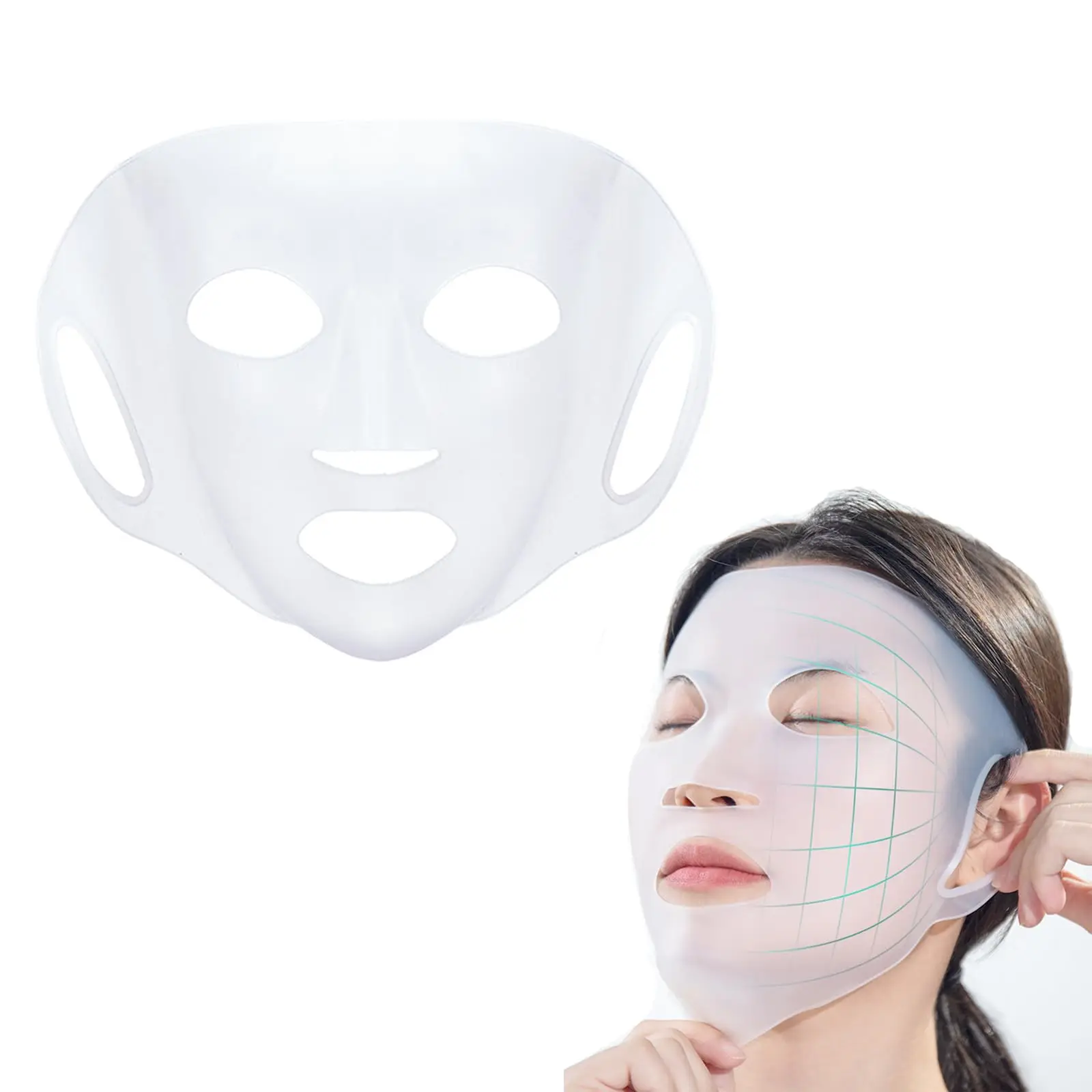 Gros plan sur le masque en silicone réutilisable pour masque hydratant visage, montrant les bords fins et la flexibilité du matériau, idéal pour maintenir l'élasticité de la peau.