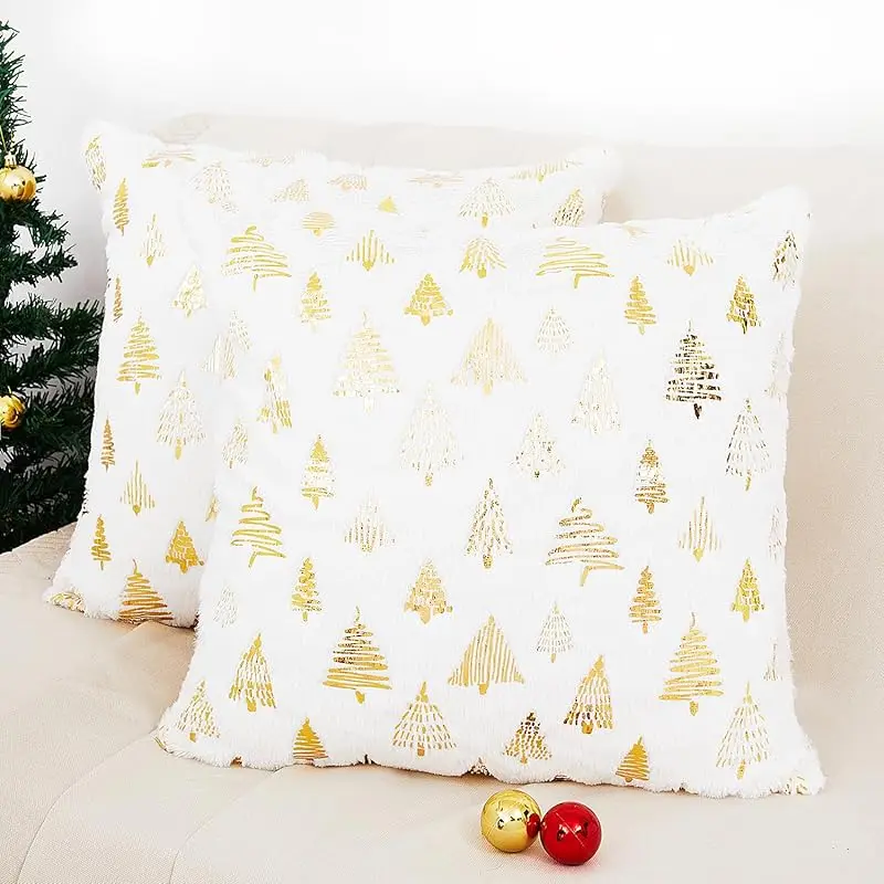 thumbnail image 1 of Juego de fundas de almohada navideñas de dos fundas de almohada esponjosas árbol dorado vacaciones de invierno decoración del hogar blanco, 1 of 5