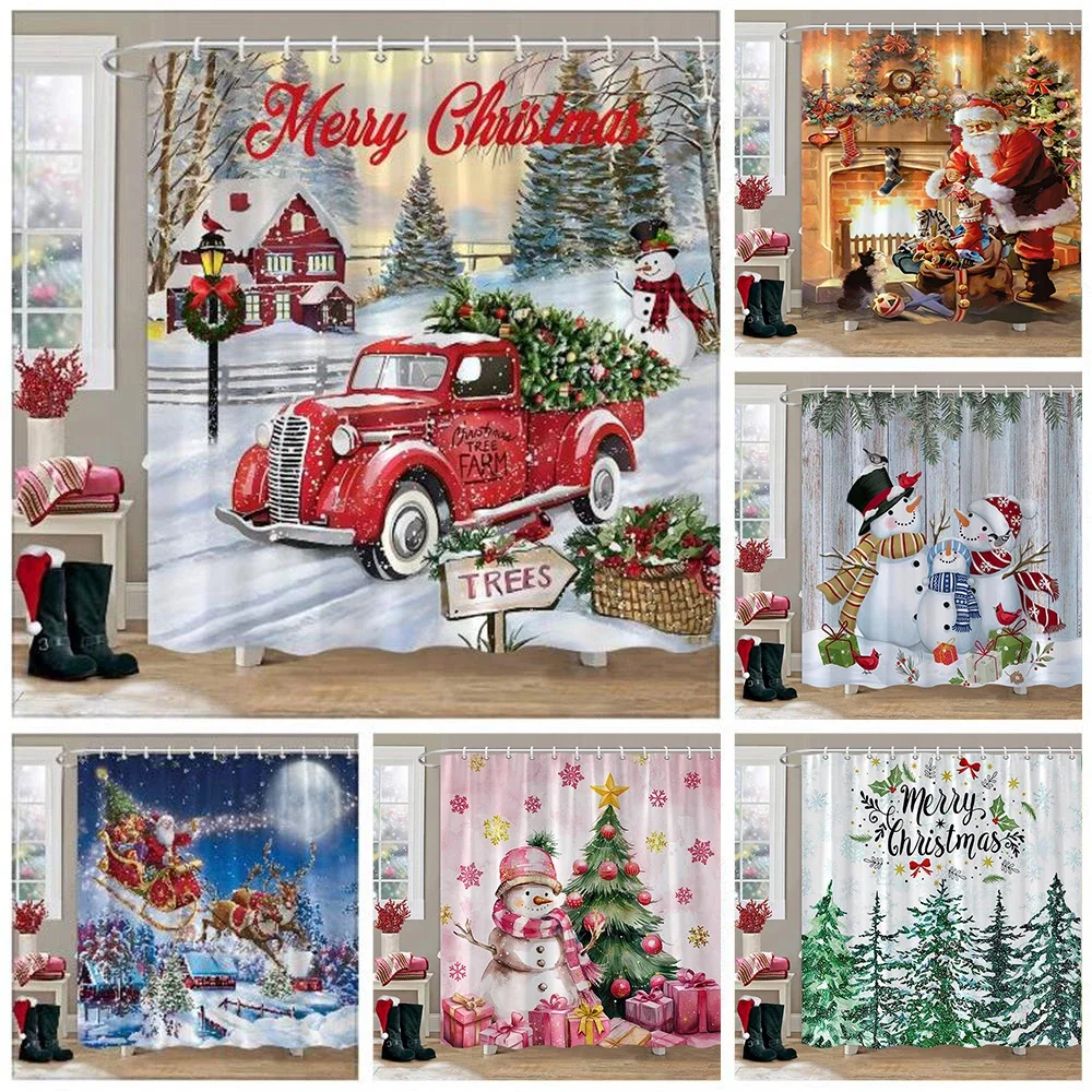 

Зимняя Рождественская занавеска для душа, занавеска для ванной из моющегося полиэстера для ванной комнаты с изображением Красного грузовика, снеговика, оленя