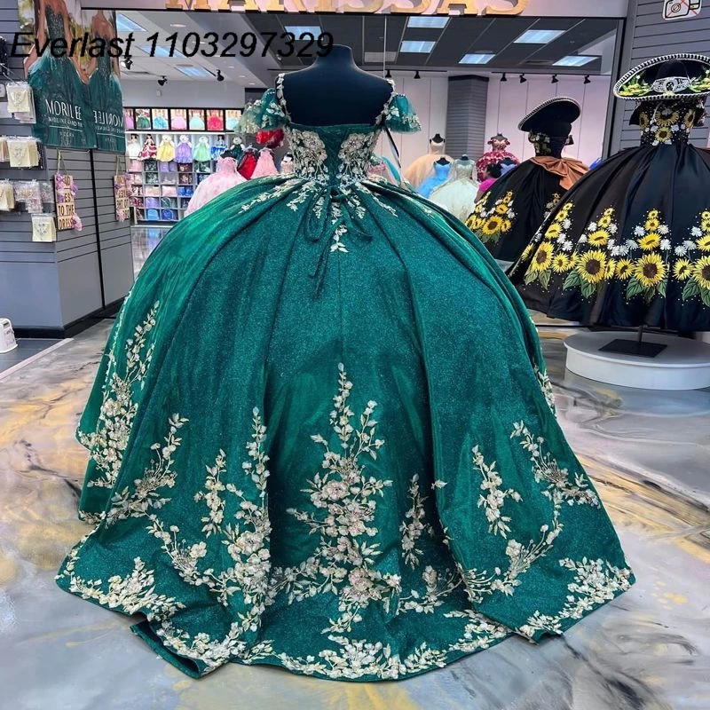 EVLAST Mexico Green Quinceanera Dress Ball Gown Gold Lace Applique Beading Crystal Corset Sweet 16 Vestidos De XV 15 Anos TQD699