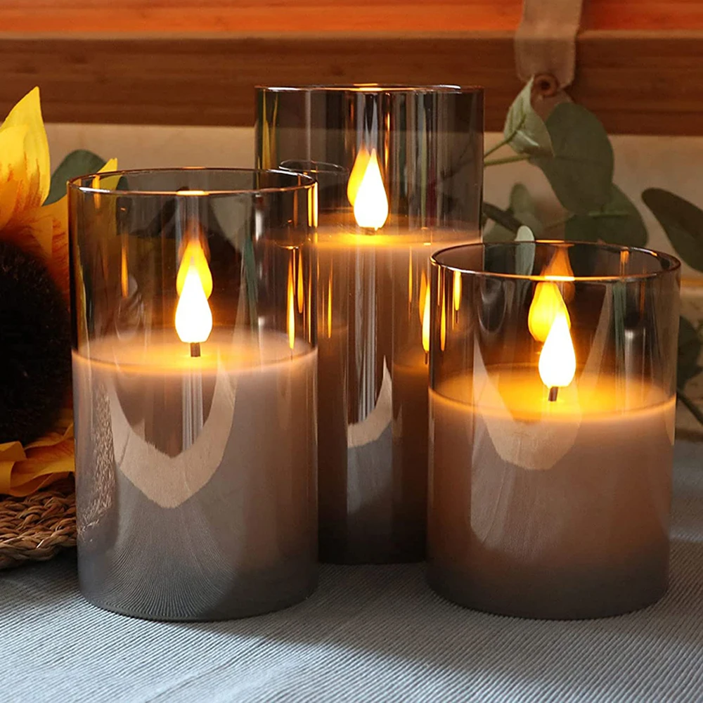 

3Pcs LED Candle Light Golden Gray Candle Cylindrical Glass Flashing Warm Light Electronic Remote Control Candle Gift Set