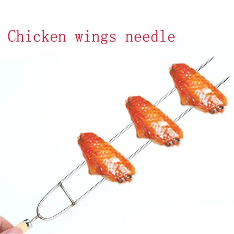 Chicken wings U Shape Wooden Handle Stainless Steel BBQ needle Tool Set BBQ Roast Barbecue Needle Skewer Party Supplies