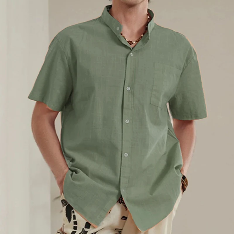 

2024 Модная приталенная рубашка с воротником-стойкой, Мужская одежда, повседневная однотонная стандартная летняя Простая мужская рубашка, уличная одежда