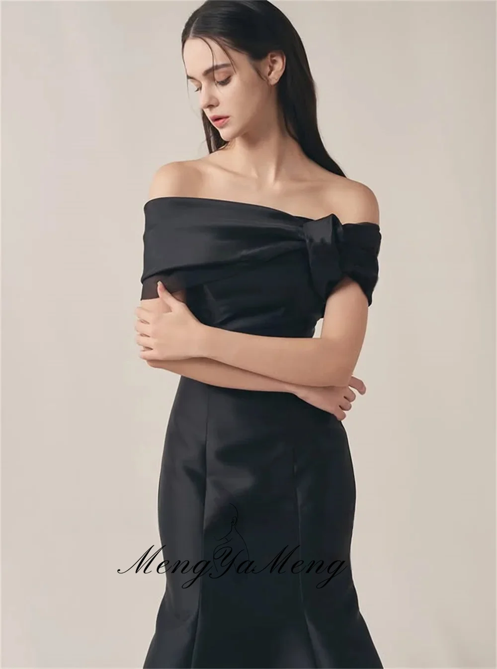 Simple Mermaid Black Korea Evening Dresses Off the Shoulder Customized Photo shoot Thick Satin Floor Length Wedding Dress