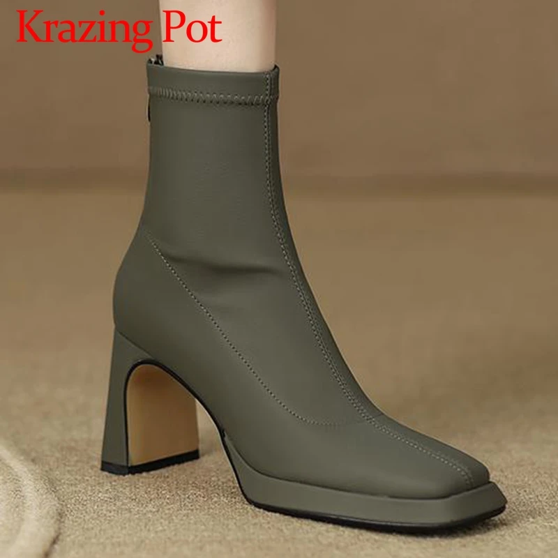 

Krazing Pot Microfiber Square Toe Thick High Heels Chelsea Boots Large Size 42 Princess Style Sweet Zipper Platform Ankle Boots