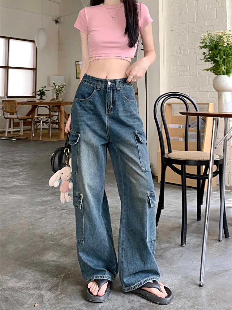 

Women's Multi Pocket Design Street Jeans Neutral Style Baggy Bottoms Vintage Young Girl Casual Trousers Female Wide Leg Pants