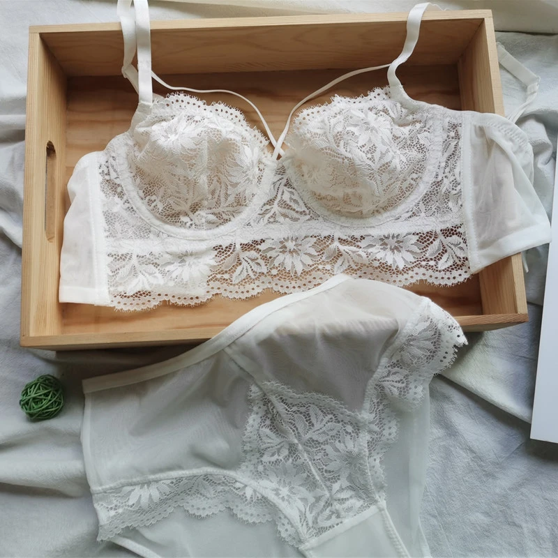 Sexy Ultrathin Transparent Floral Lace Bra and High Waist Panties Set