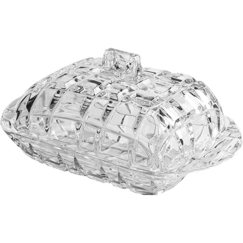 Light Luxury Clear Glass Butter Dish with Lid Creative Kitchen Grid Relief Boxes Western Food Cheese Dessert Butter Storage Box
