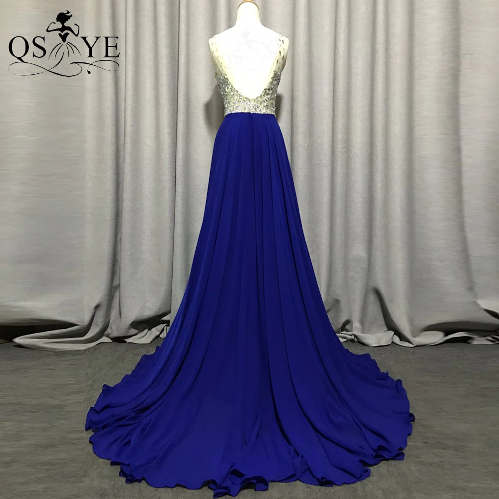 windsor prom dresses Royal Blue Prom Dresses Bead Crystal Chiffon Evening Gown Deep V Neck Party Dress A line Princess Open Back Girl Formal Gown simple prom dresses