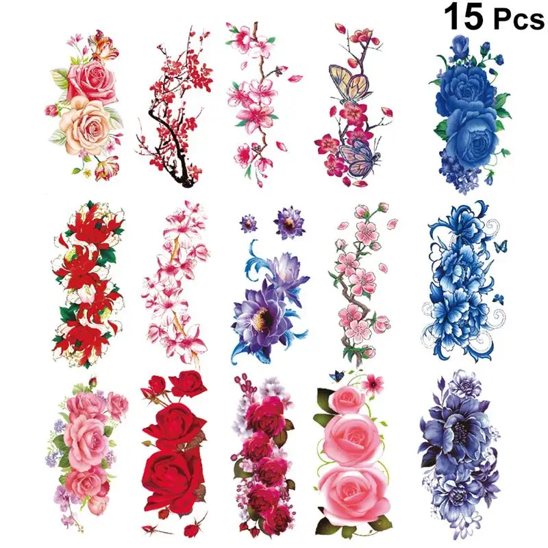 

15Pcs Temporary Tattoo Stickers Flower Tattoos Waterproof Stickers Floral Cherry Blossoms Flower Body Stickers Random Type