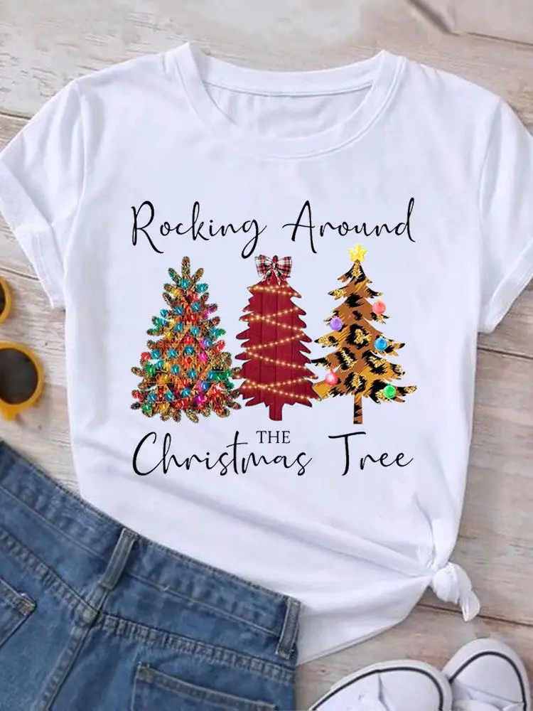 

Print T-shirt Happy Festival Trend Top Fashion Clothing New Year Christmas Graphic T Shirt Women Holiday Female Short Sleeve Tee