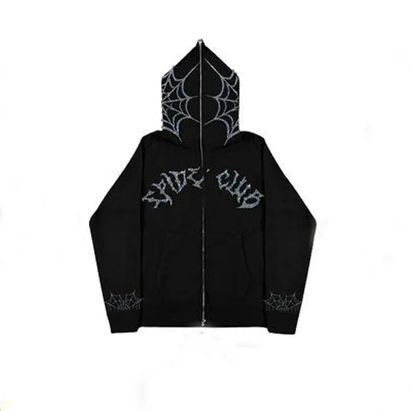 

Europe and The United States Spider Web Hot Drill Letters Hooded Cardigan Full Zipper Loose Men and Women Tide Sweater Jacket