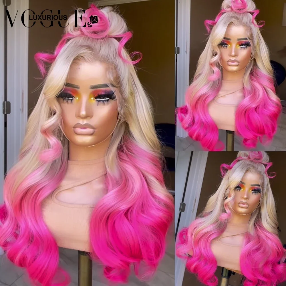 

13x6 Ombre Ash Blonde Pink Lace Front Wigs Preplucked Brazilian Virgin Human Hair 13x4 HD Transparent Lace Wig Wavy Straight