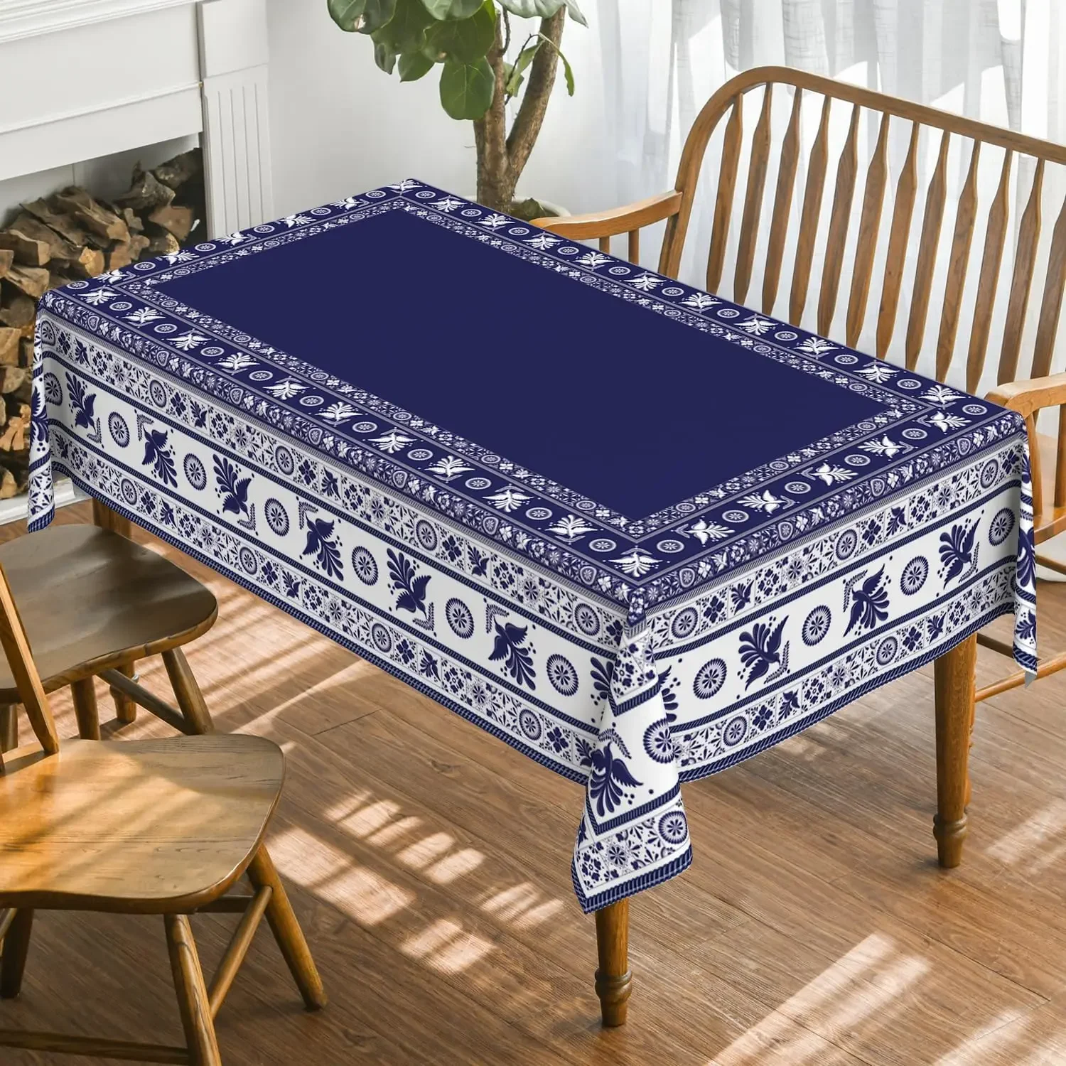 Blue Mexican Floral Birds Rectangle Tablecloth Patchwork Tiles Waterproof Home Party Kitchen Dining Table Cover Decor