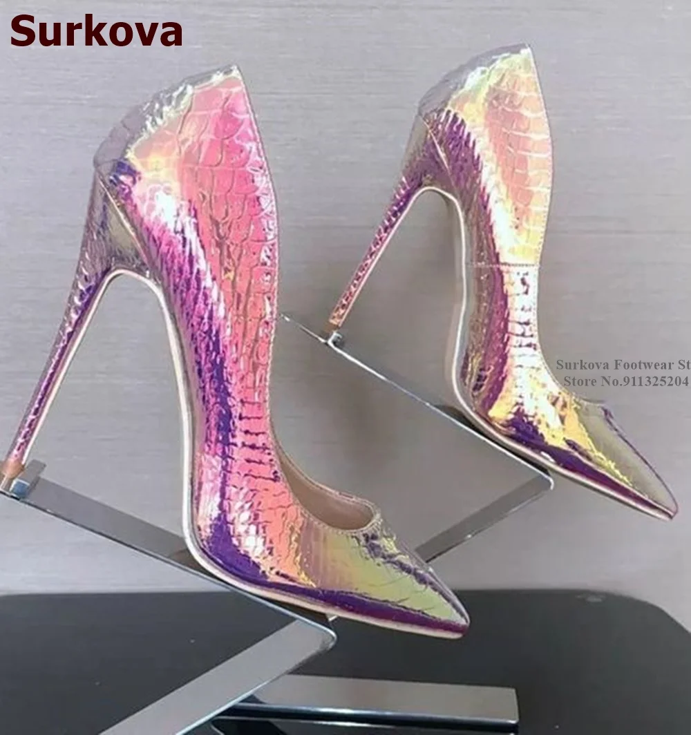 

Surkova 12cm High Heel Hologram Iridescent Snakeskin Pumps 10cm 8cm Stilettos Pointed Toe Shallow Dress Shoes Python Footwear