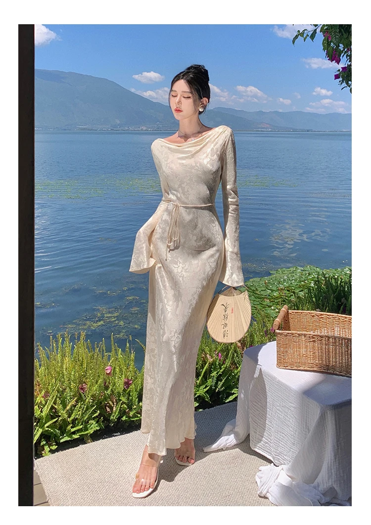 French Vintage Evening Dresses for Women Autumn Bodycon Wedding Prom Robe Flare Sleeve Swinging Collar Midi Vestidos Mujer New