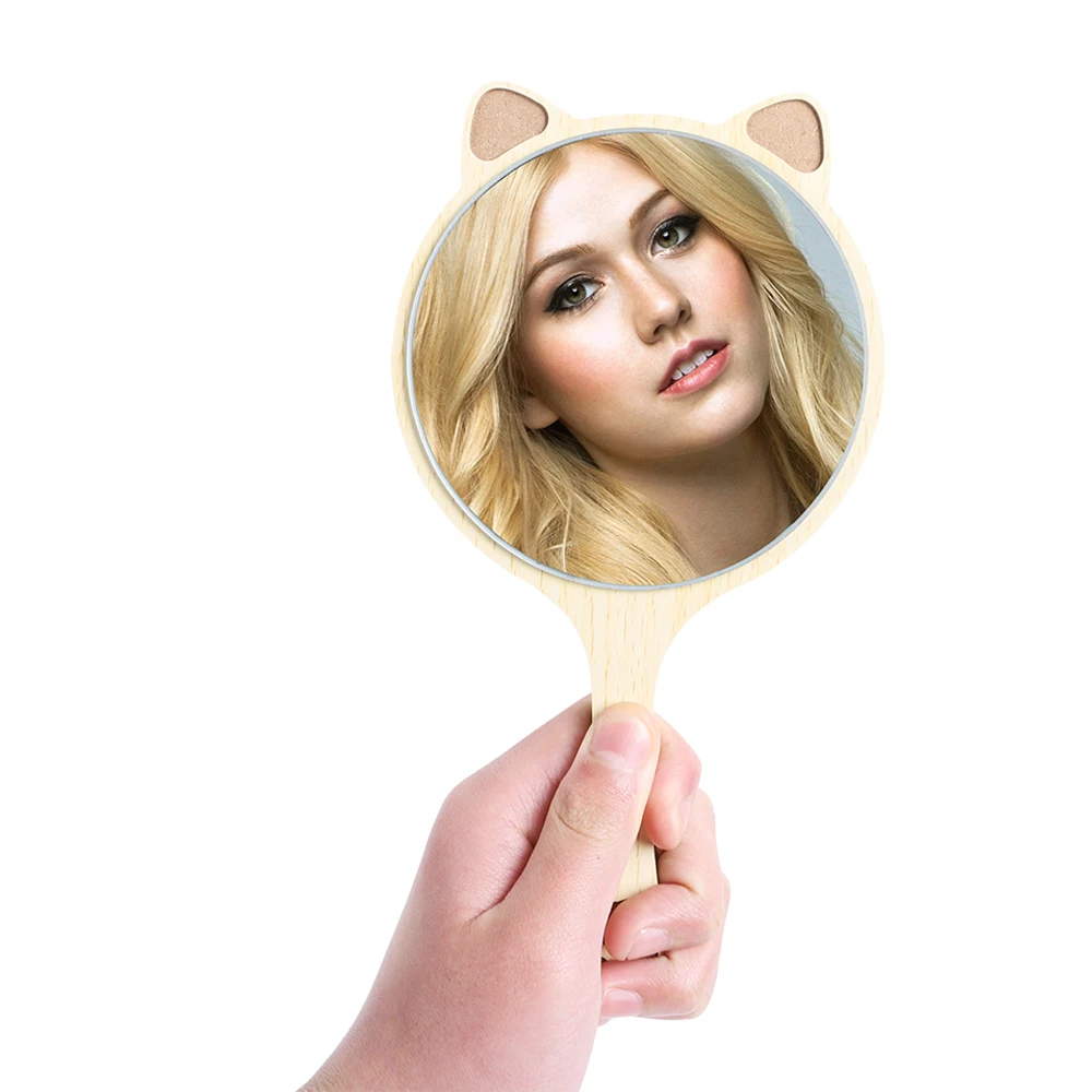 

Hand Mirrors Wood Creative Design Makeup Handheld Cosmetic Mirror with Handle Makeup Mirror Cute Cat Ear Mirror Gift for Girls