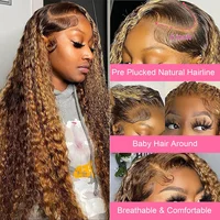 Perruque Lace Frontal Wig brésilienne sans colle, cheveux humains, 13x6, ombré, Deep Wave, pre-plucked, à reflets Hd, en vente, pour femmes 3