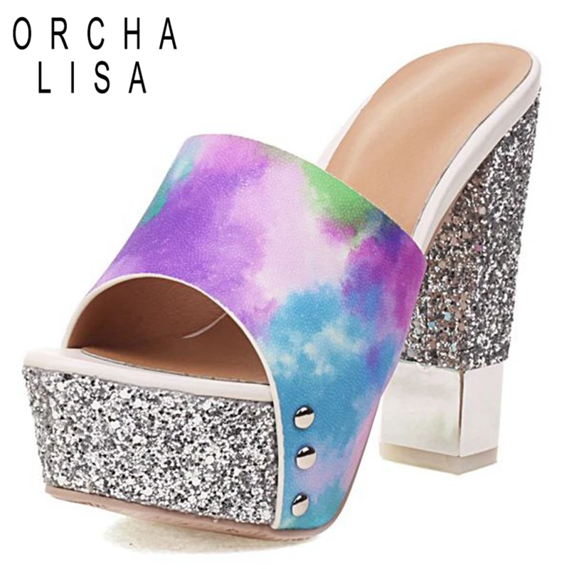 

ORCHA LISA Women Platform Sandals Peep Toe High Heel Sequined Flower Casual Large Size 32-43 Mix Color Yellow Summer S3359