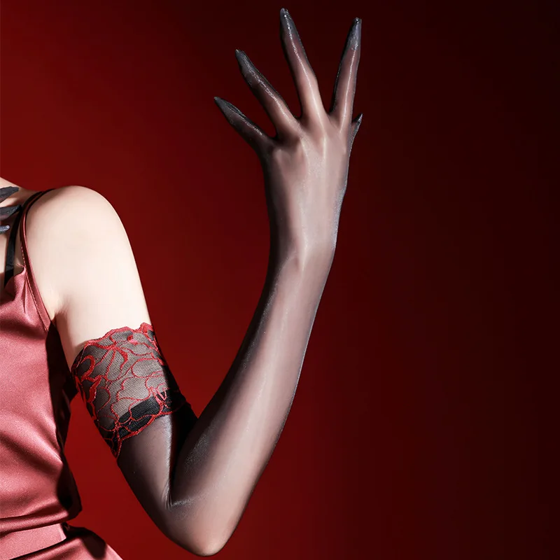 5D Ultra-thin Sexy Oil Smooth Lace Cuff Five Finger Long Gloves Nightclub Cosplay Stretchy Sheer Women Tight Stockings Mittens