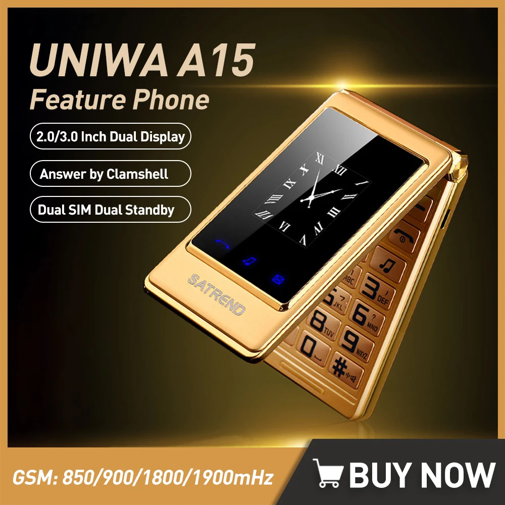 Uniwa A15 2G Gsm Feature Phone 2.0/3.0 Pollici Dual Screen Flip Phone Con Grande Pulsante Cellulari Dual Sim Dual Standby Per Senior