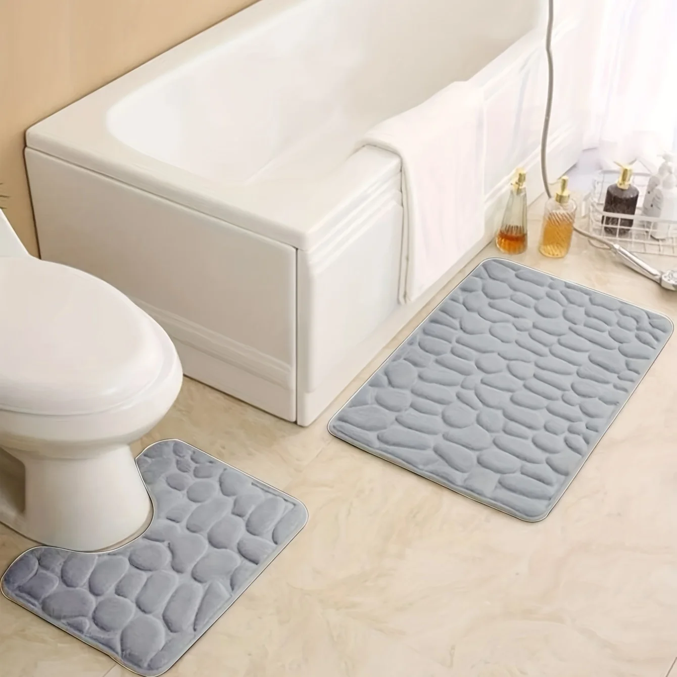 2PC embossed stone pattern toilet mat 4