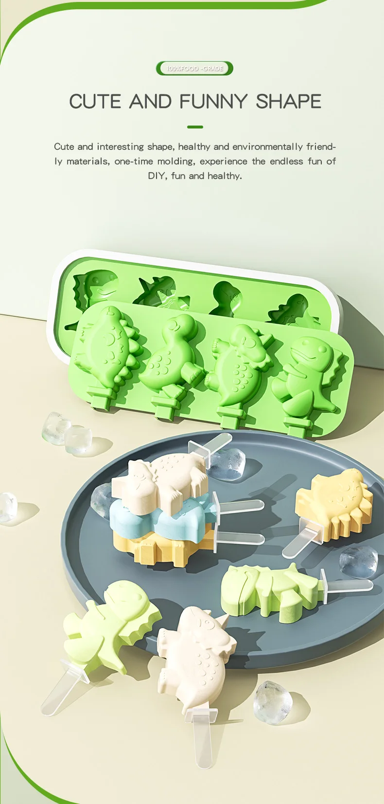 Silicone Ice Cream Mold with Lid and Sticks Dinosaur Shape
