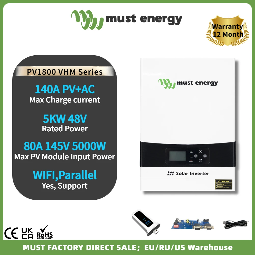 MUST PV1800 VHM Parallel 48V 5KW Hybrid Solar Inverter With MPPT 140A  Charge Controller PV Input 145VDC 5000W For Home Use 220V